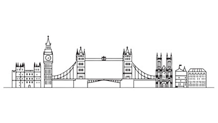 Fototapeta premium London Skyline Silhouette featuring Tower Bridge, Big Ben and other iconic landmarks in simple, clean black and white illustration