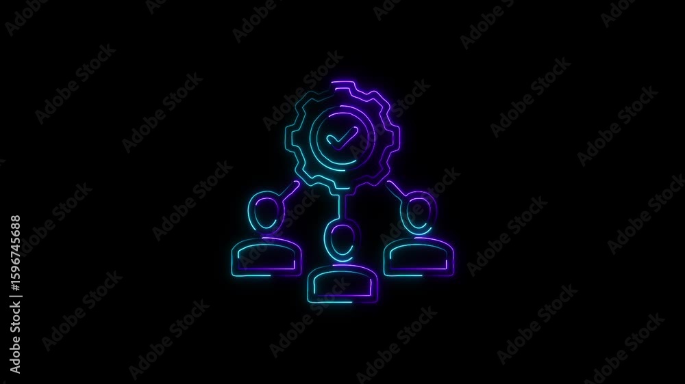 Poster neon gear and people icon representing collaboration, workflow efficiency, and teamwork with a focus
