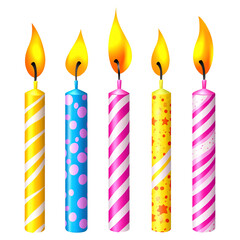 Colorful birthday candles with flames isolated on transparent white background, clipping path