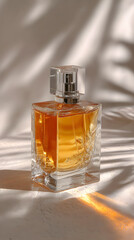 Elegant glass perfume bottle with amber liquid casting soft shadows and light reflections on a textured surface