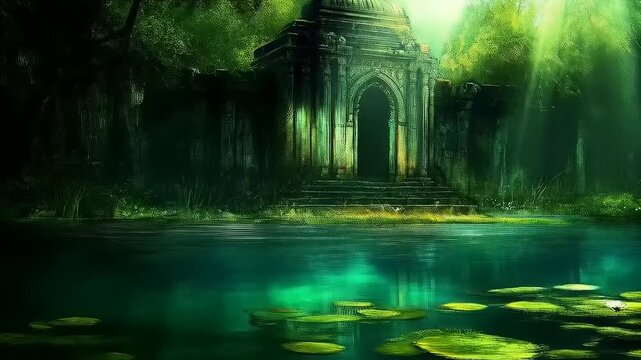 Ancient structure in mystical jungle, reflected in turquoise water and lily pads