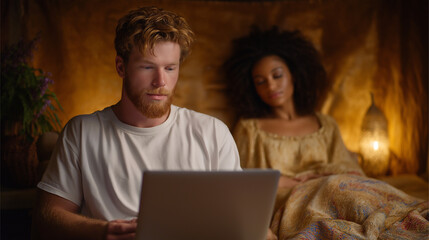Relaxing moments with a laptop and cozy blanket in a room