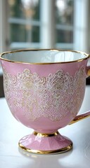 Elegant pink teacup with delicate lace design.