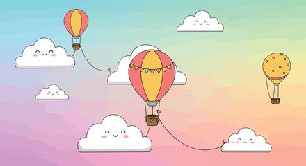 Cute hot air balloons and smiling clouds in pastel sky