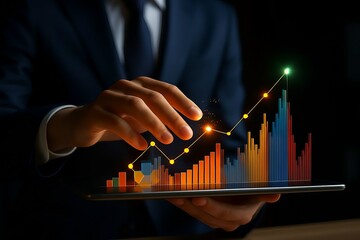 Businessman analyzing a vibrant 3d financial growth chart with rising bars and a line graph showcasing positive business performance and investment success on a dark background