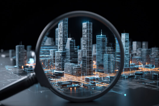 Smart city blueprint under magnifying glass with holographic data and neon-lit buildings
