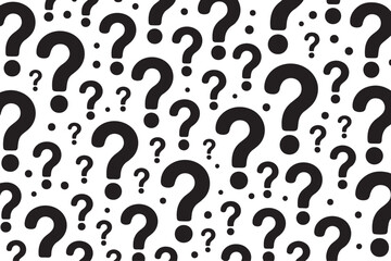 Repeating black question marks on white background asking curious conceptual questions