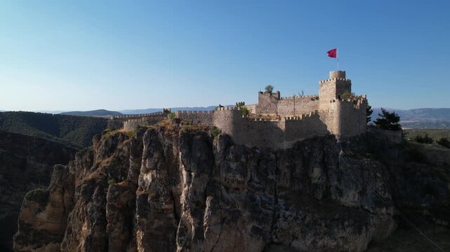 Boyabat Castle in Boyabat District. Sinop, Turkey. Aerial view of Boyabat Castle. Drone shot.