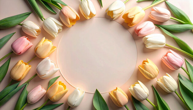 Decorative floral frame formed by tulip heads on pastel paper, center clean and minimalist - Powered by Adobe