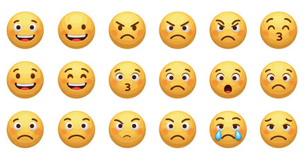 Collection of emoji faces with various expressions on white background