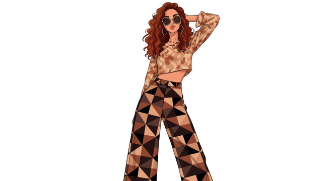 Stylish woman in camouflage top and geometric patterned pants