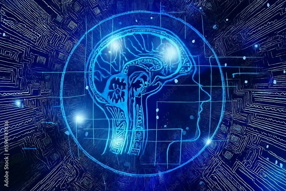 Poster futuristic digital representation of a human brain glowing with bright blue light symbolizing artifi