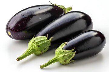 Three Glossy Black Eggplants on White Surface with Natural Lighting and Minimalist Style