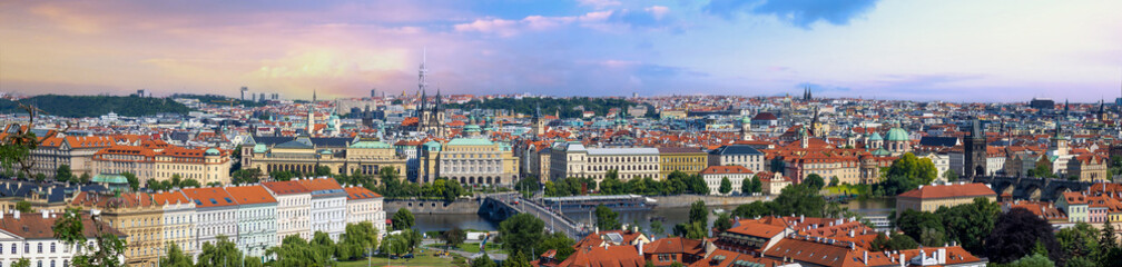 Czechia, Panoramic view of Prague, bridges over Vlatva river and Prague Old city.