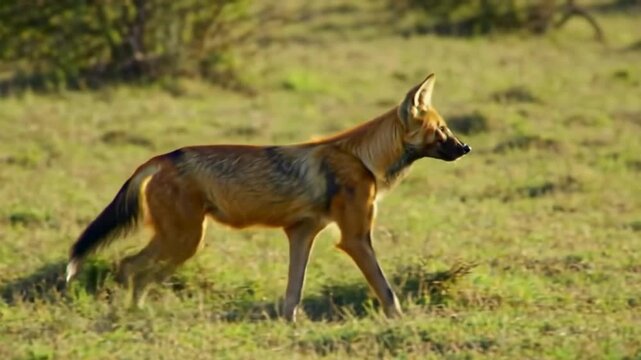 Maned Wolf Walking Across Grassy Field in Natural Habitat During Daytime