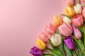 Obraz premium Vibrant tulips arranged on pastel pink background with ample space for text
