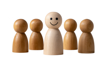 Happy wooden figure stands out among others isolated on transparent background