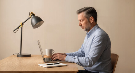 Man Working on Laptop at Simple Wooden Desk