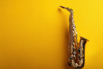 Naklejka premium Elegant saxophone with detailed brass reflections on vibrant yellow background