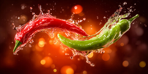Bright Chili Peppers Immersed in Vivid Splash Effects Represented in Cinematic Style 3D Food Rendering With Real Photo Depth