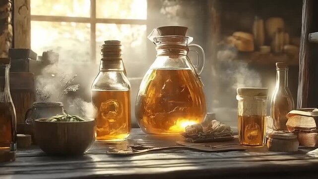 Illuminated elixir: golden liquids in glass vessels on an old wooden table