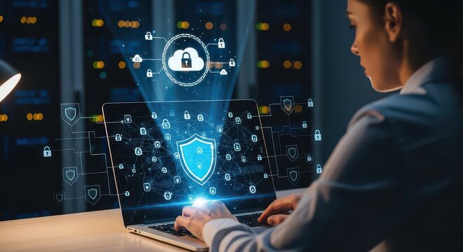 Cybersecurity Shield on Laptop Screen with Digital Lock Icons