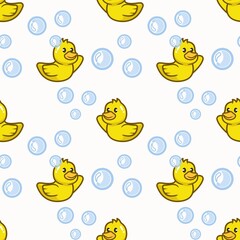 seamless pattern with yellow duck in the bubbles and with a plain background.