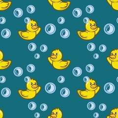 seamless pattern with yellow duck in the bubbles and with a plain background.