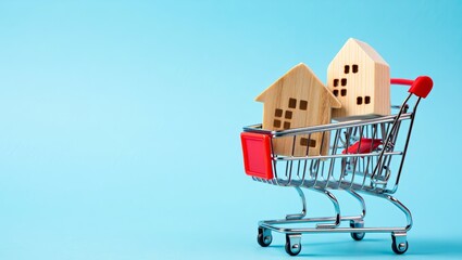 Shopping Cart with Miniature Houses: Real Estate Concept