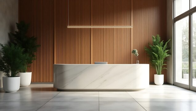 Reception area design with wood paneling marble desk and plants for office lobby or hotel interior on transparent background