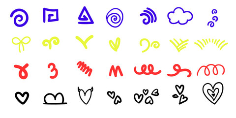 Doddle Design Element Colorful Set,Background Design,Hand Drawn Doddle Set Collection, Squiggly marks,Tri lines design, joy and happy Bg vector set.