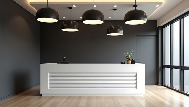 Reception area design modern office lobby interior with white desk and black pendant lights decor ideas on transparent background