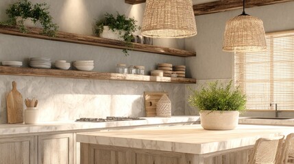 Minimalist tropical kitchen interior featuring natural wood accents, open shelving, and lush greenery, creating a serene summer home atmosphere