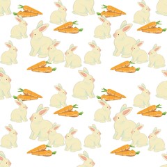  A sweet seamless pattern featuring adorable white rabbits and fresh orange carrots.
