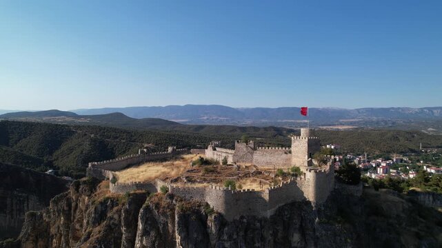 Boyabat Castle in Boyabat District. Sinop, Turkey. Aerial view of Boyabat Castle. Drone shot.