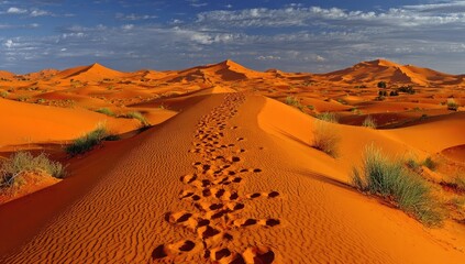 Footprints winding through a vast expanse of orange desert dunes.