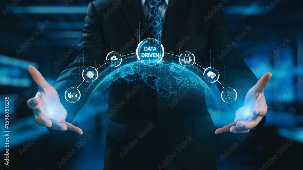 Poster data-driven decision-making empowers business through analytics, datum collection, and ai systems. d