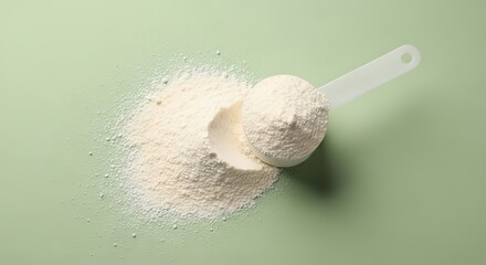 A scoop of white powder spills onto a light green surface suggesting a nutritional supplement or ingredient