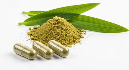 Natural herbal supplements featuring green powder and capsules with fresh green leaves on a white background