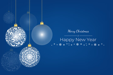 Festive Christmas card with baubles and elegant white ornament, featuring the text "Merry Christmas" and "Happy New Year" on a dark blue background, perfect for holiday greetings.