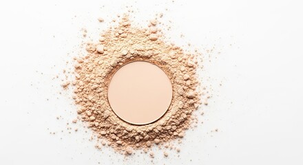 A scattering of light beige powder with an oval cutout creating a unique makeup texture background