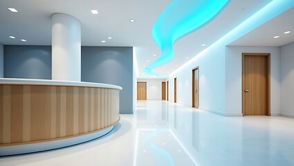 Modern hospital interior design with reception area and blue lighting design for healthcare center on transparent background