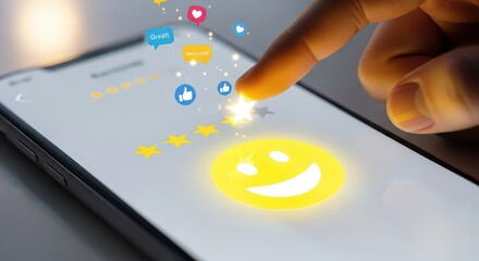Finger Touching Glowing Star on Smartphone Rating App with Smiley Face