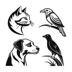 Minimalist noir animal icons in black white and gray with subtle expression lines