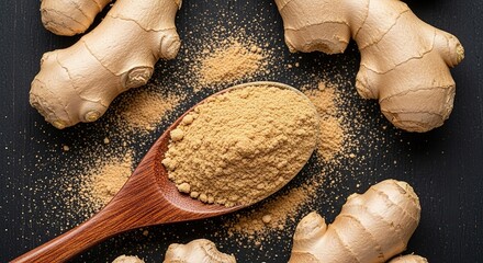 A wooden spoon filled with ground ginger rests amidst fresh ginger roots on a dark background