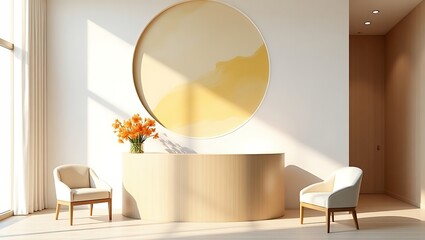 Interior design modern minimalist decor with chairs flowers and circle wall art in beige tones on transparent background