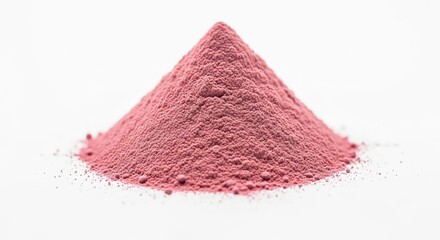 A perfect conical pile of vibrant pink powder against a clean white background showcasing its fine texture and bright color