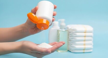 Parent applying baby powder to hand for diaper change with baby essentials in background