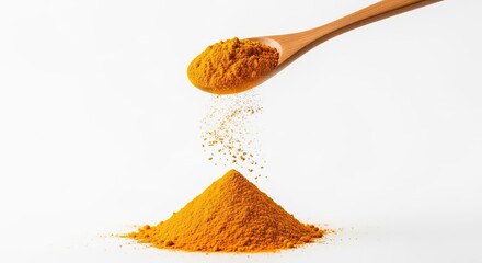 A wooden spoon pours vibrant yellow turmeric powder onto a small pile creating a culinary art piece