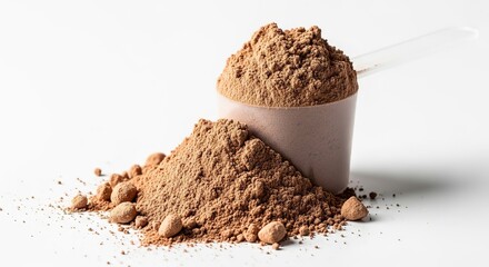 A scoop of rich brown protein powder spilling onto a white surface with a pile of powder beside it